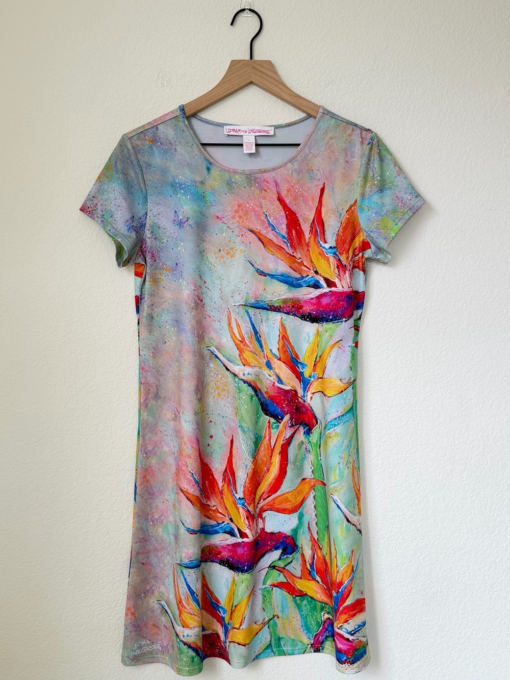 Leoma Love Grove Artsy Bird of Paradise Short Sleeve Mini Dress Size Small
